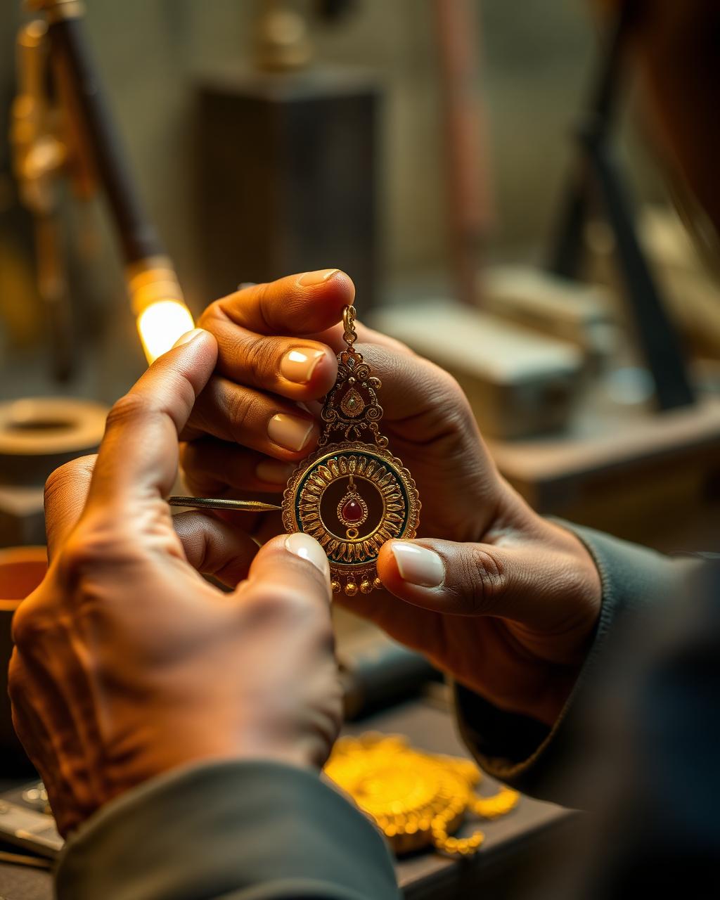 Sabaa artisan crafting a handmade panchalogam pendant